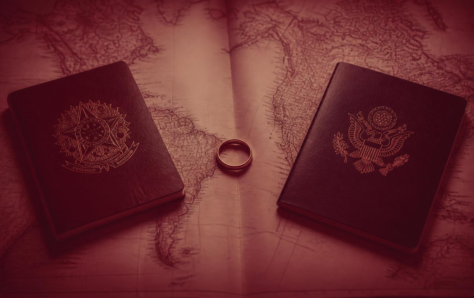 Passaporte brasileiro e americano sobre mapa mundial com aliança de casamento